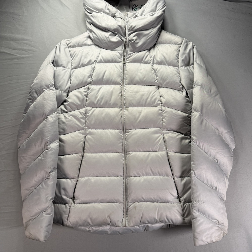 Patagonia Puffer Jacket Womens Small Gray Full Zip Down Filled Hooded Ski Snow